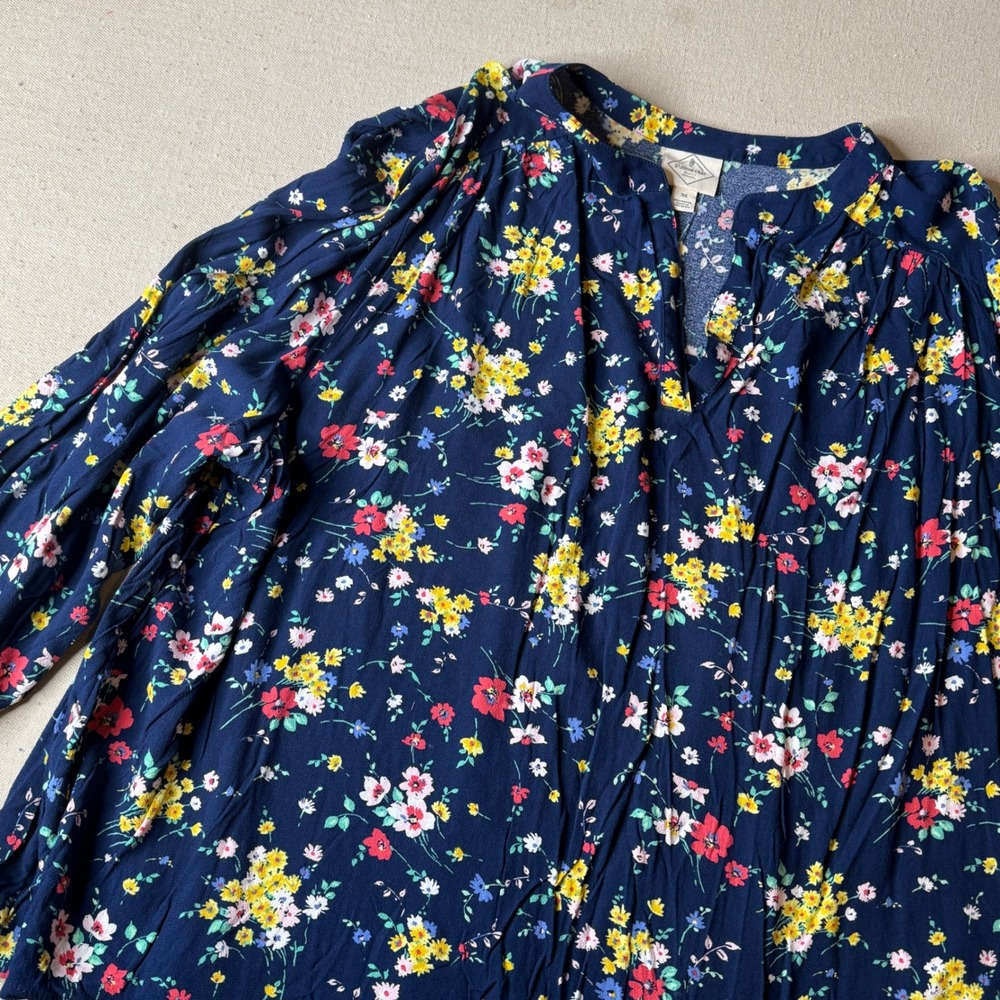 St Johns Bay Navy Floral Rayon Peasant Blouse 3X Long Sleeve Split Neck Top